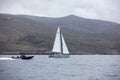 Kythnos Greek island. Vessels in blue sea background