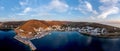 Kythnos island, Greece. Merihas port aerial drone view at sunset