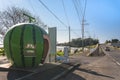 Bus stop shaped as a watermelon fruit along the Tokimeki Fruit-shaped Bus Stop Avenue in Kyushu.