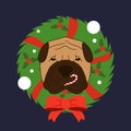 Hand Drawn Shar Pei With Christmas Wreath Isolated On Blue Background.  Cartoon Xmas Dog Puppy. Great For Holidays, Christmas