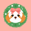 Hand Drawn Shih Tzu With Christmas Wreath Isolated On Pink Background.  Cartoon Xmas Dog Puppy. Great For Holidays, Christmas