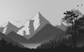 Birdsland Mountain landscape black and white silhouette forest woods scenary vector background