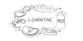 L-carnitine-containing food. Groups of healthy products containing vitamins and minerals. Set of fruits, vegetables