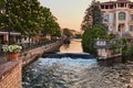 L`Isle-sur-la-Sorgue, Vaucluse, Provence-Alpes-Cote d`Azur, France: landscape at dawn of the city surrounded by water canals Royalty Free Stock Photo