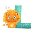 L letter and cute lion baby animal. Zoo alphabet for children education, home or kindergarten decor cartoon vector Royalty Free Stock Photo