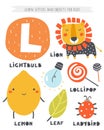 L letter objects and animals including lion, lemon, light bulb, lollipop, ladybird, leaf