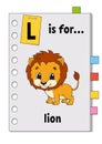 L is for lion. ABC game for kids. Word and letter. Learning words for study English. Cartoon character. Cute animal. Color vector Royalty Free Stock Photo