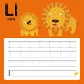 L, lion, Alphabet tracing worksheet for preschool and kindergarten to improve basic writing skills, vector, illustration