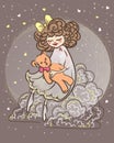 L little sleepy girl sitting on a cloud and moon