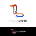 L logo and fire design combination, line style Royalty Free Stock Photo
