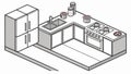L-Shaped Isometric Kitchen with Fridge and Appliances, vector design Generative AI Royalty Free Stock Photo