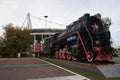 L-3516 steam train in front of Lokomotiv stadium in Cherkizovo, Moscow Russia.