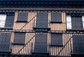 LA ALBERCA, SPAIN - November 21, 2021: Close studding technique of timber-framed building facade in La Alberca, Castile and Leon,