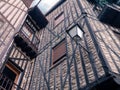 LA ALBERCA, SPAIN - November 21, 2021: Close studding technique of timber-framed building facades in La Alberca, Castile and Leon