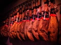 LA ALBERCA, SPAIN - November 21, 2021: Jamon iberico at the shop showcase in La Alberca, Castile and Leon, Spain