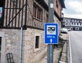 LA ALBERCA, SPAIN - November 21, 2021: Motorhome stopover area road sign in the La Alberca, Castile and Leon, Spain