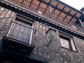 LA ALBERCA, SPAIN - November 21, 2021: Timber-framed building facade in La Alberca, Castile and Leon, Spain. Close studding