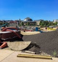 La Bourse de Commerce, Paris, France, viewed in the distance through construction Royalty Free Stock Photo