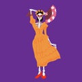 La Catrina. Skeleton character with fan. Dia de los muertos or halloween isolated vector illustration.