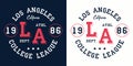 LA college league print for t-shirt design. Los Angeles, California typography graphics for college apparel. Vector