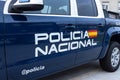Policia Nacional sign on the side of Spanish National Police Corps vehicle. Policia nacional