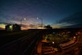 La crosse wisconsin highway 35 Mississippi river bridge at sunset with la crosse brewery silos near the road Royalty Free Stock Photo