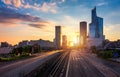 La Defense Financial District Paris France at sunset. Skyscrapers of Defense modern business and financial district in Paris with Royalty Free Stock Photo