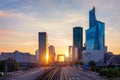 La Defense Financial District Paris France at sunset. Skyscrapers of Defense modern business and financial district in Paris with Royalty Free Stock Photo