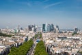 La Defense Financial District in Paris France. Traffic on La Grande Armee Avenue with Green Trees Aside