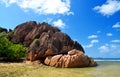 La Digue island, Indian ocean, Seychelles. Big granite rock on Anse Grosse Roche beach.