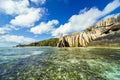 La Digue Island is one of the most beautiful Seychelles islands. Rocks of unusual shape on the shore, the purest, transparent