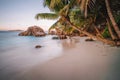 La Digue Island, Seychelles. Beautiful tropical calm sandy beach with exotic plant trees in evening sunset. Vacation