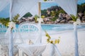 La Digue island, Seychelles. Decorated romantic wedding celebration accessories, table and chairs on sandy famous Royalty Free Stock Photo