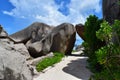 Passage to the beach between huge boulders, La Digue island, Seychelles