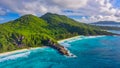 La Digue, Seychelles Island. Amazing aerial view of beach and ocean from a drone Royalty Free Stock Photo