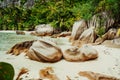 La Digue, Seychelles. Jungle hike trip around the island visiting hidden most remote secluded beautiful beach