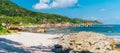 La Digue, Seychelles. Panoramic view of beautiful secluded beach, tropical ocean coastline, unique granite rocks and