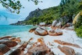 La Digue, Seychelles. Tropical hidden beach with granite boulders on daily trip. Travel, Exotic tourism and nature