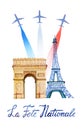 La Fete Nationale. Text `French National day`. Hand drawn watercolor illustration with Triumphal Arch, Eiffel tower