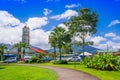 LA FORTUNA, COSTA RICA - JUNE, 28, 2018: Outdoor view of Church on main square of La Fortuna village, Costa Rica, with Royalty Free Stock Photo