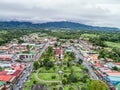 La Fortuna village, Costa Rica 12.11.19 - Aerial view of town and Church on the Parque Central square