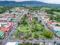 La Fortuna village, Costa Rica 12.11.19 - Aerial view of town and Church on the Parque Central square