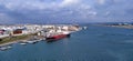 La Goulette, Tunisia - May 25, 2023: View of the cargo seaport against the blue sea.