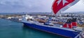 La Goulette, Tunisia - May 25, 2023: View of the cargo seaport against the blue sea.