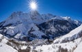 LaThe village of La Grave winter ski resort with La Meije mountain peak in winter. Hautes-Alpes, Ecrins National Park, Alps, Fra Royalty Free Stock Photo