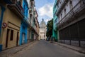 La Habana, Cuba. Old havana streets with view of the Capitolio. Royalty Free Stock Photo