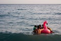 Inflatable latex pink flamingo floating in the sea. Father and children