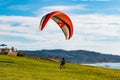 Pilots Attempts to Launch Paraglider at Torrey Pines Gliderport Royalty Free Stock Photo