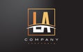 LA L A Golden Letter Logo Design with Gold Square and Swoosh.