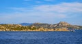 La Maddalena, Sardinia, Italy - Panoramic view of La Maddalena archipelago Tyrrhenian Sea coastline with La Maddalena island Royalty Free Stock Photo